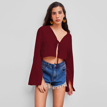 V-Neck Tie-Up Cropped Cardigan Top