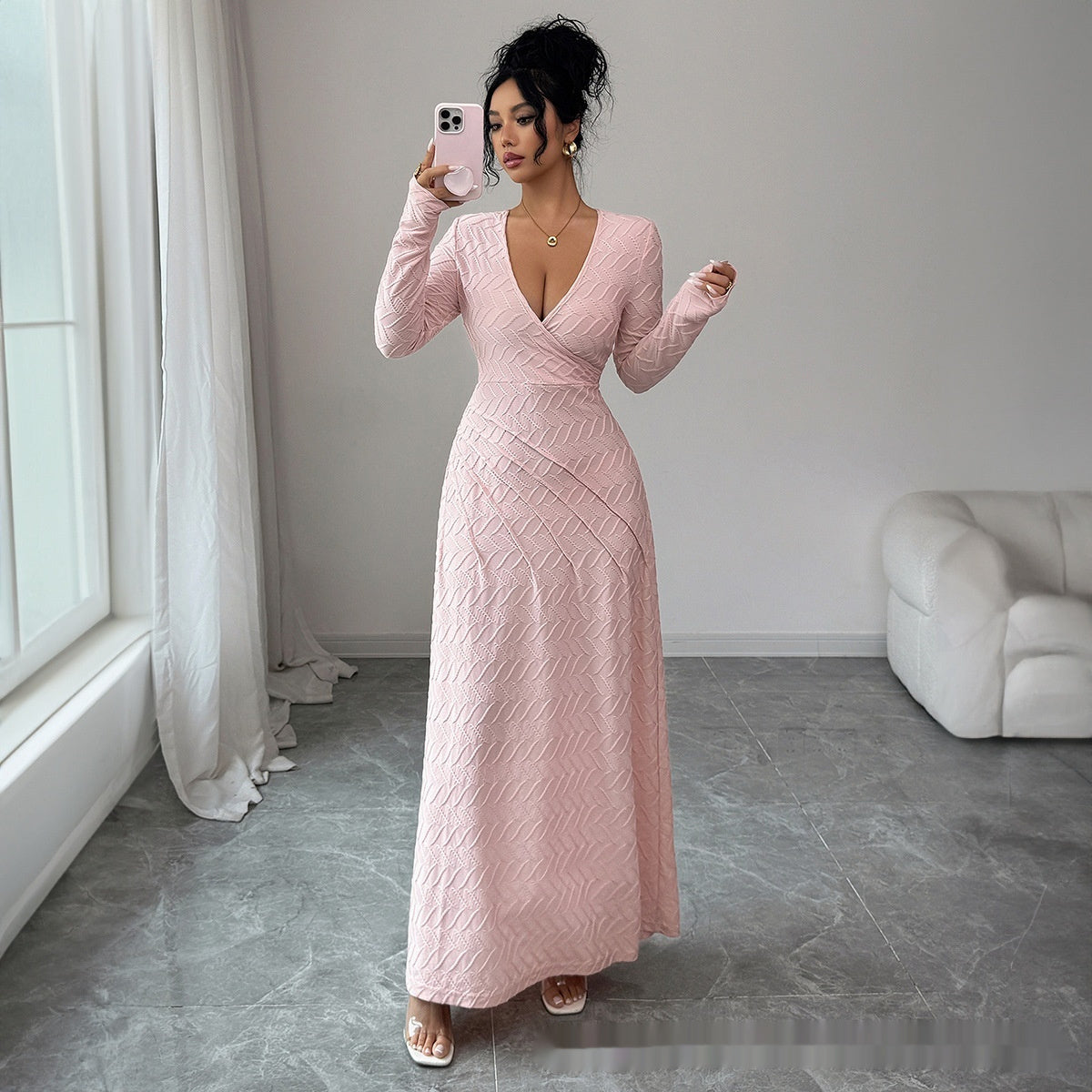 Sculpted Deep V Pink Long Sleeve Dress
