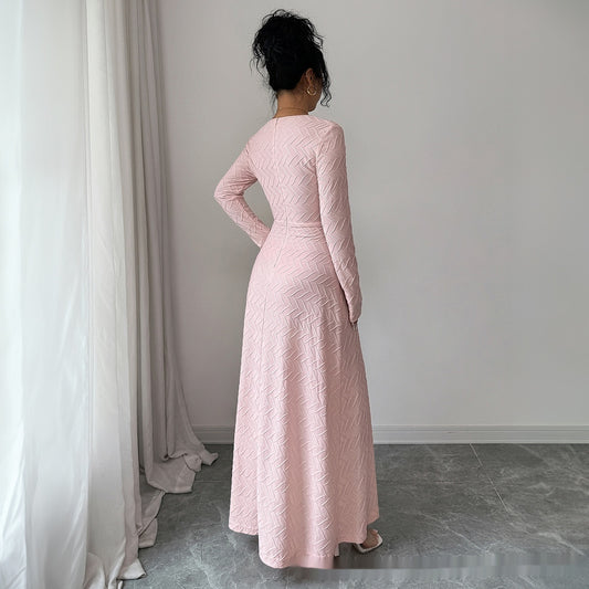 Sculpted Deep V Pink Long Sleeve Dress