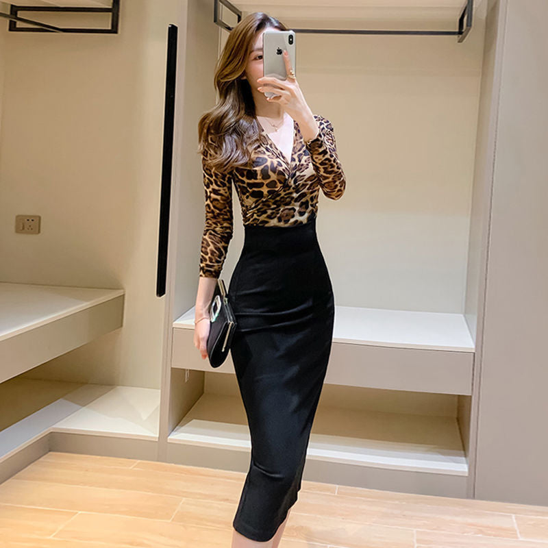 Elegant Leopard Print Long Sleeve Dress