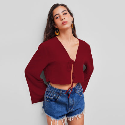 V-Neck Tie-Up Cropped Cardigan Top