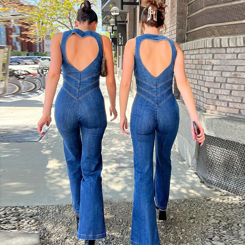 Denim Jumpsuit Women Heart-shape Backless