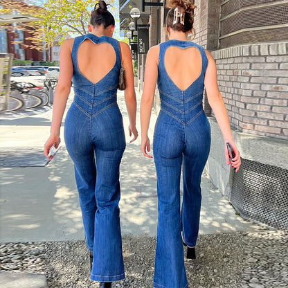 Denim Jumpsuit Women Heart-shape Backless