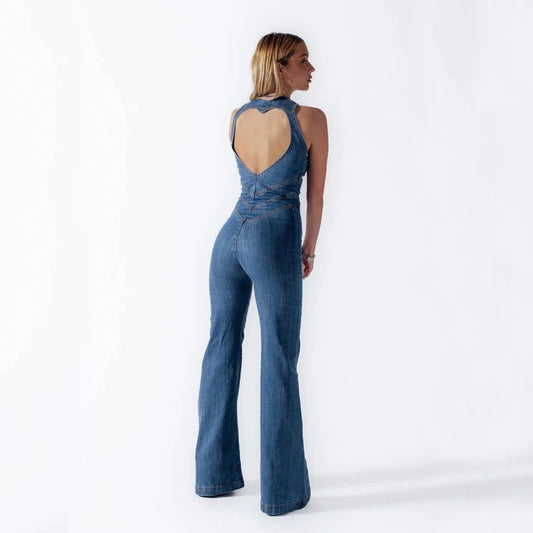 Denim Jumpsuit Women Heart-shape Backless