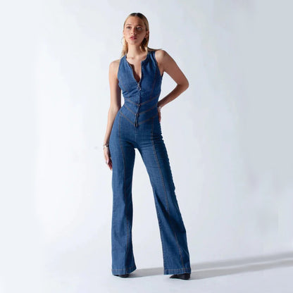 Denim Jumpsuit Women Heart-shape Backless