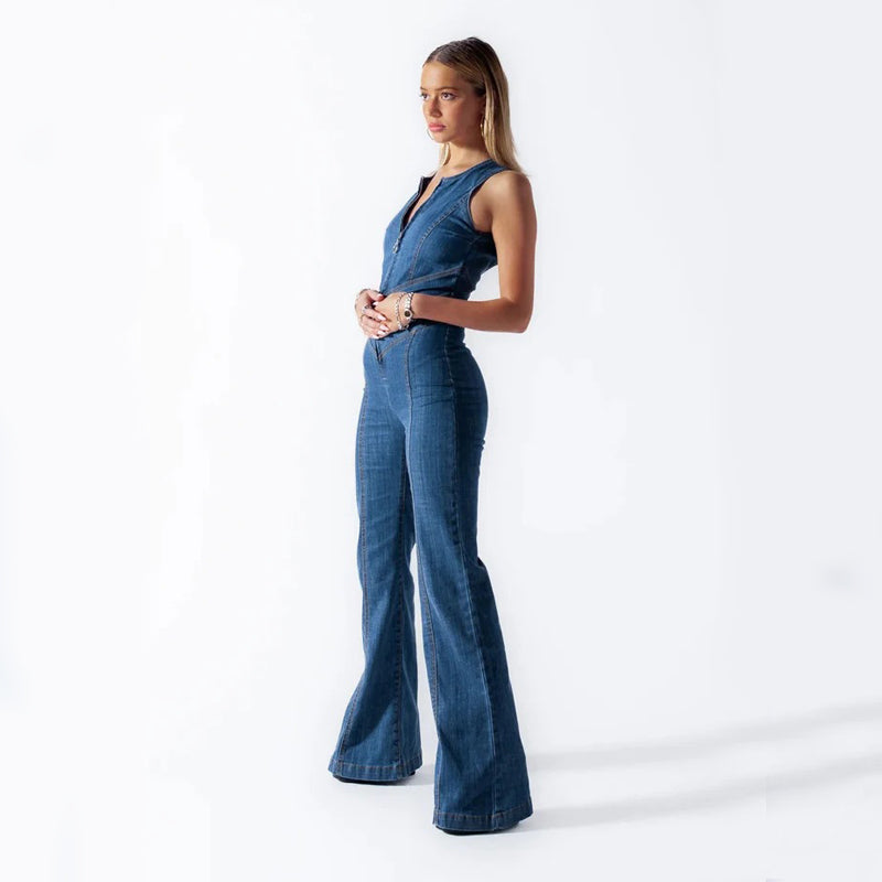Denim Jumpsuit Women Heart-shape Backless