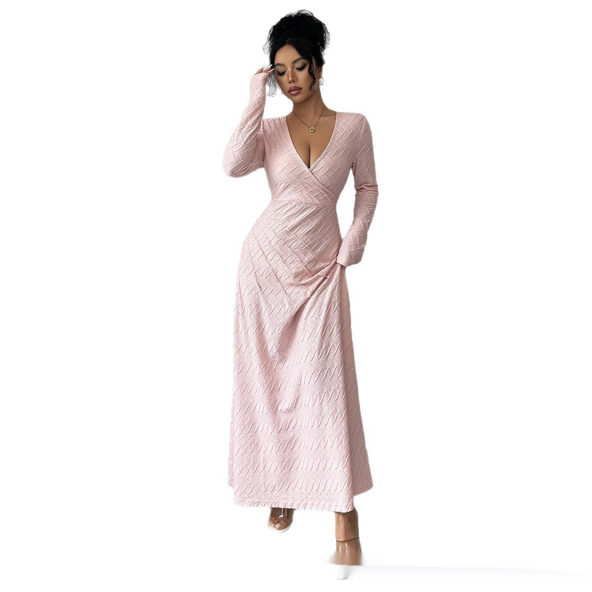 Sculpted Deep V Pink Long Sleeve Dress