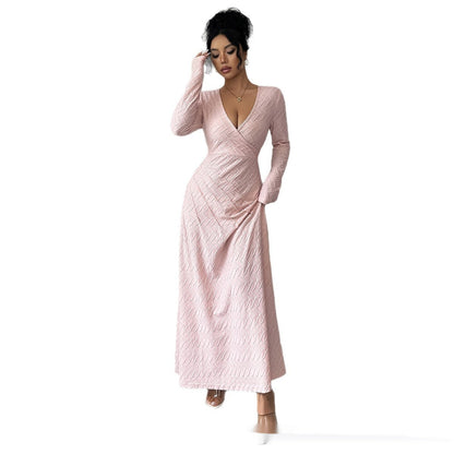 Sculpted Deep V Pink Long Sleeve Dress