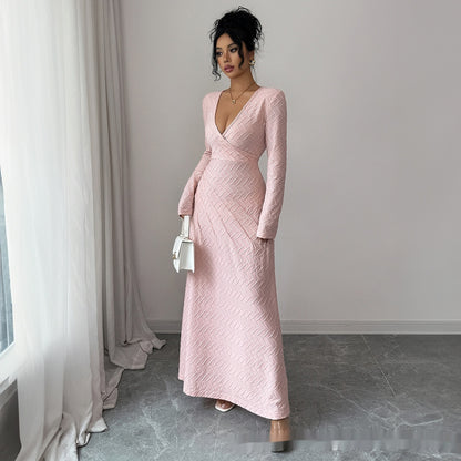 Sculpted Deep V Pink Long Sleeve Dress
