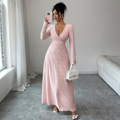 Sculpted Deep V Pink Long Sleeve Dress