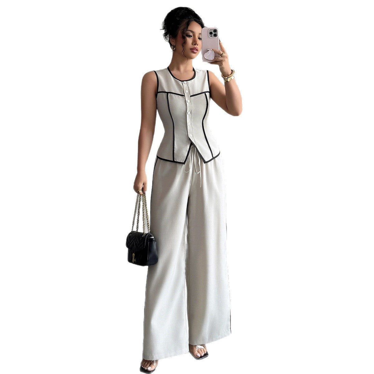 Smart Casual Vest and Wide Leg Pants Two-Piece Outfit