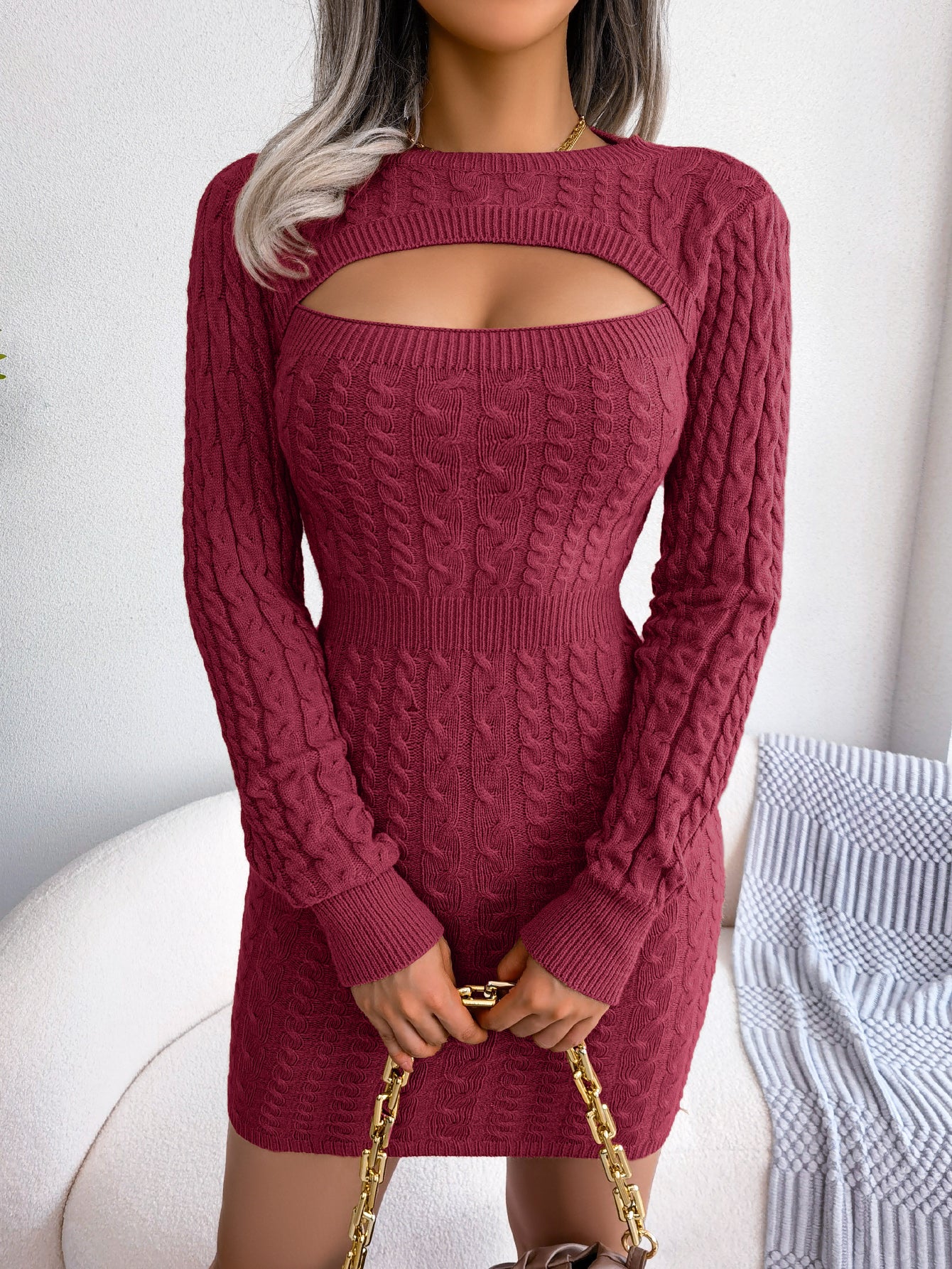 Women’s Hollow-Out Bodycon Cable Knit Sweater Dress