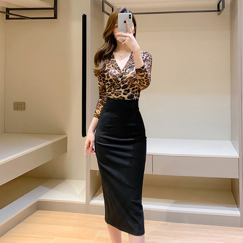 Elegant Leopard Print Long Sleeve Dress