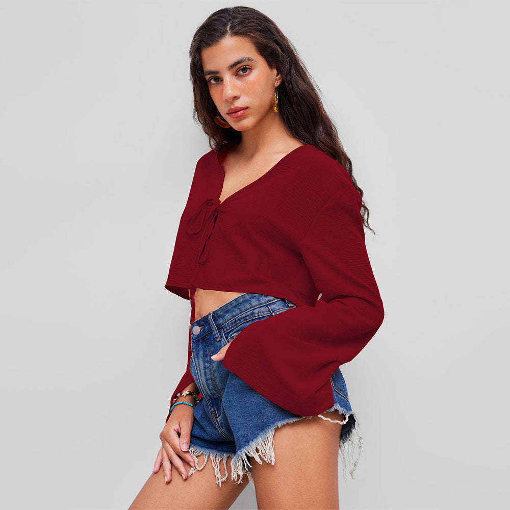 V-Neck Tie-Up Cropped Cardigan Top