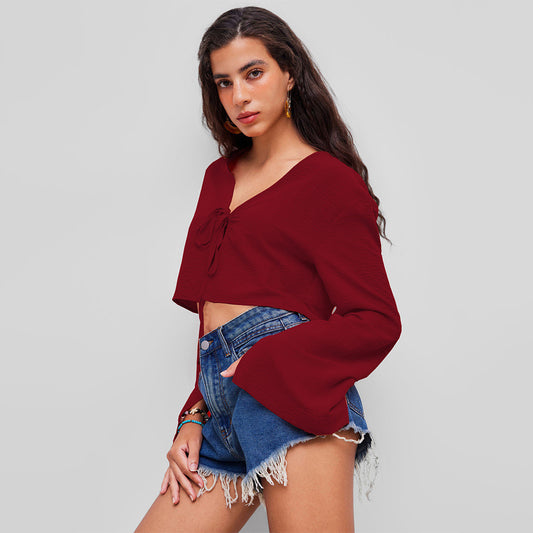 V-Neck Tie-Up Cropped Cardigan Top