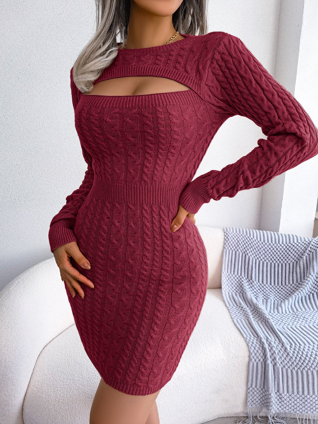 Women’s Hollow-Out Bodycon Cable Knit Sweater Dress